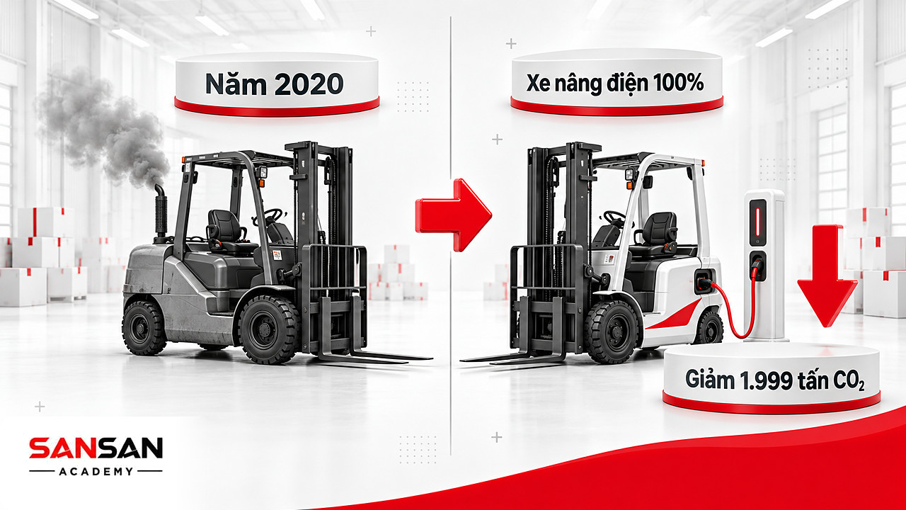 Kho phân phối trước và sau khi thay xe nâng dầu bằng xe nâng điện, một bước của chuỗi cung ứng xanh