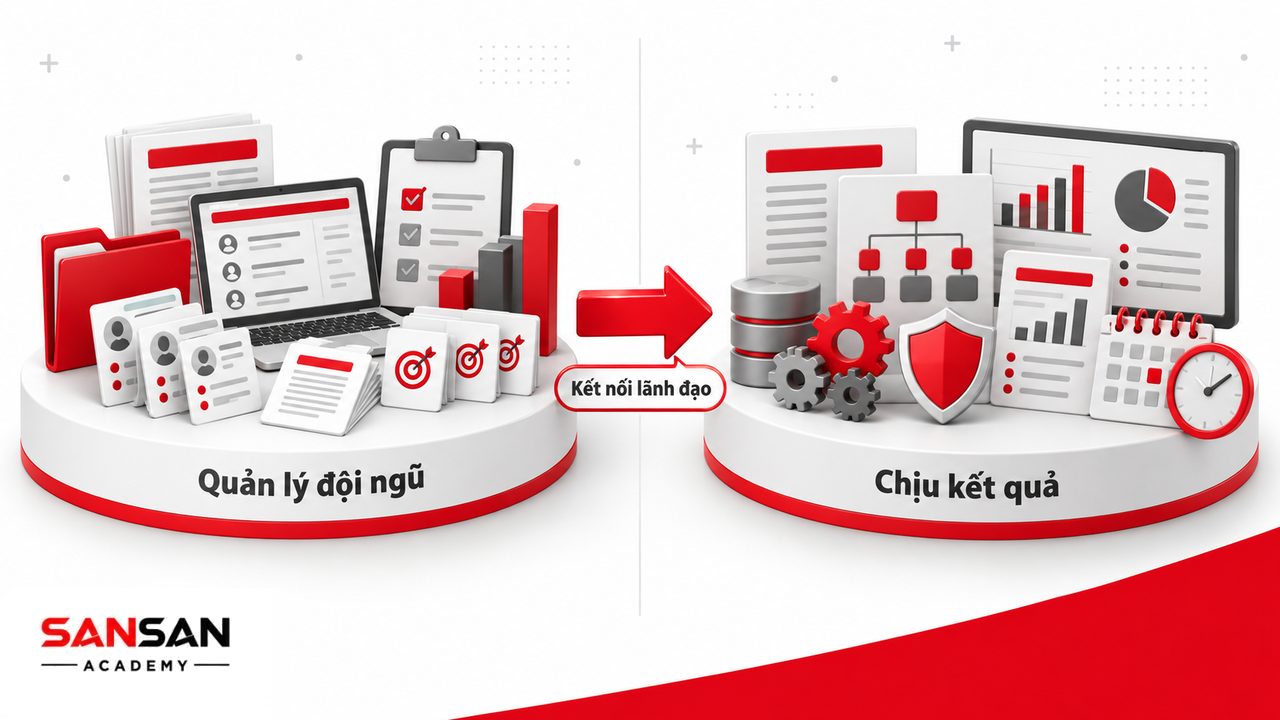 Trưởng phòng kinh doanh đứng giữa đội ngũ sales và lãnh đạo, quản lý chỉ tiêu, khách hàng, pipeline và kết quả bán hàng.