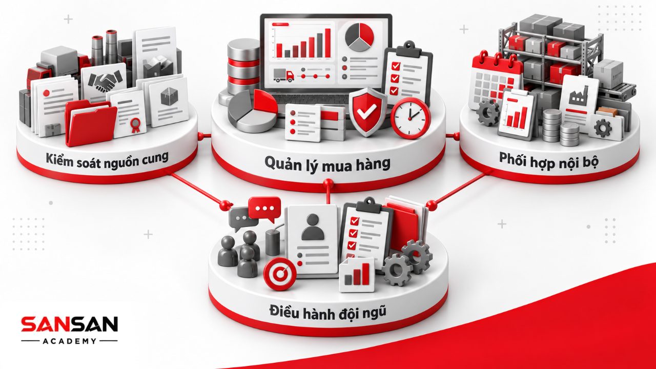 Trưởng phòng mua hàng quản lý nhà cung cấp, kế hoạch mua, đội ngũ thu mua và phối hợp kho, sản xuất, kỹ thuật, tài chính.