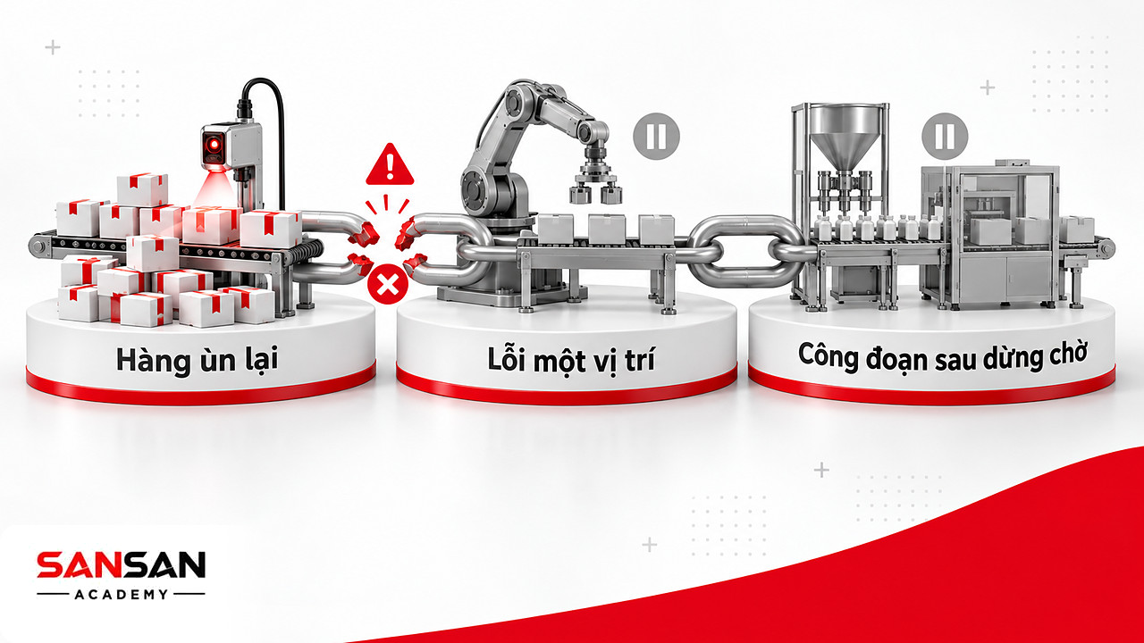 Chuỗi đứt gãy trên dây chuyền tự động hóa khi lỗi cảm biến khiến các công đoạn phía sau phải dừng chờ