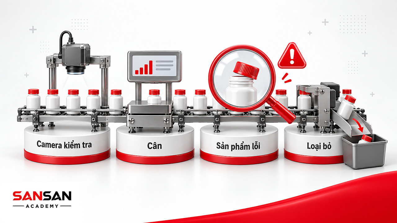 Kính lúp soi chai lỗi nắp trên dây chuyền đóng gói tự động hóa có camera kiểm tra, cân và máng loại bỏ