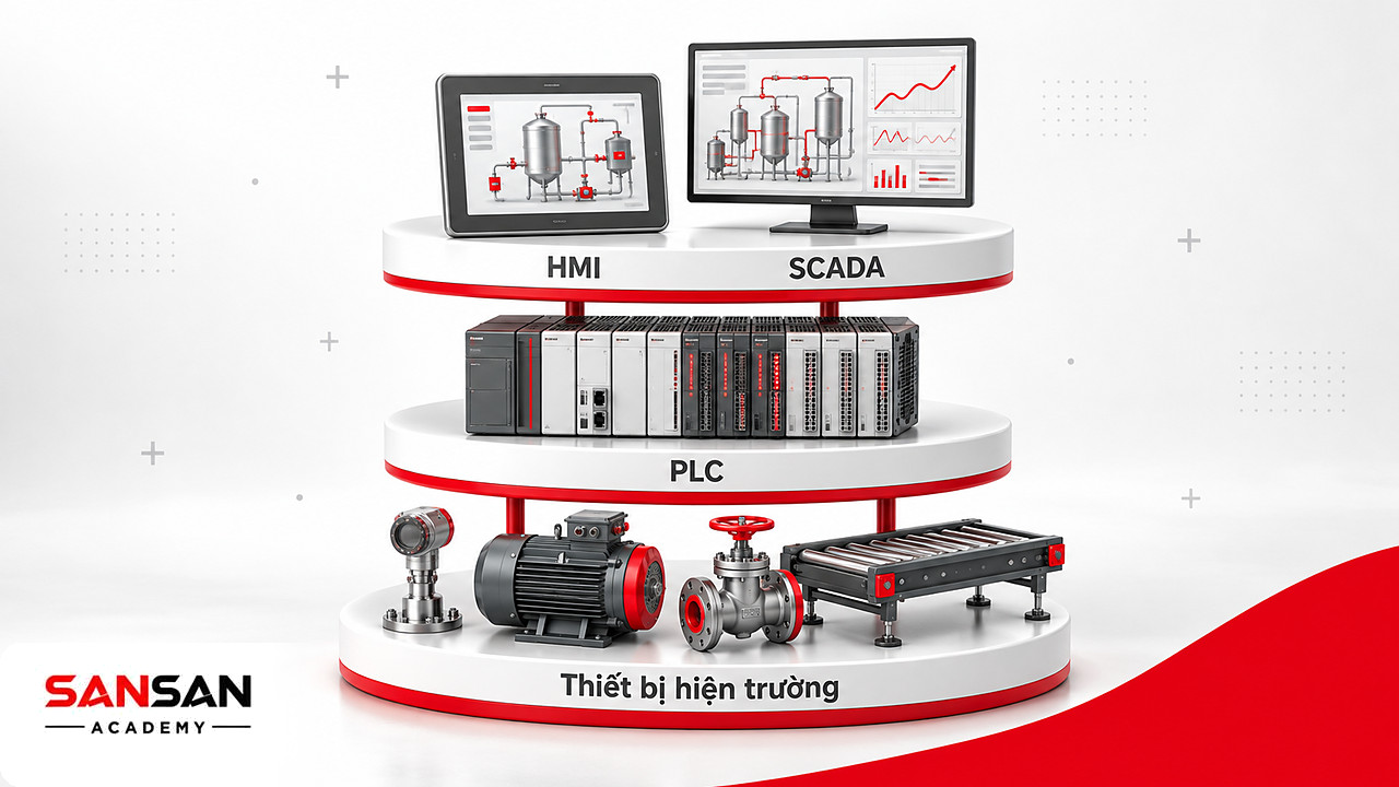 Các tầng của hệ thống tự động hóa từ thiết bị hiện trường lên bộ điều khiển PLC, màn hình HMI và hệ thống SCADA