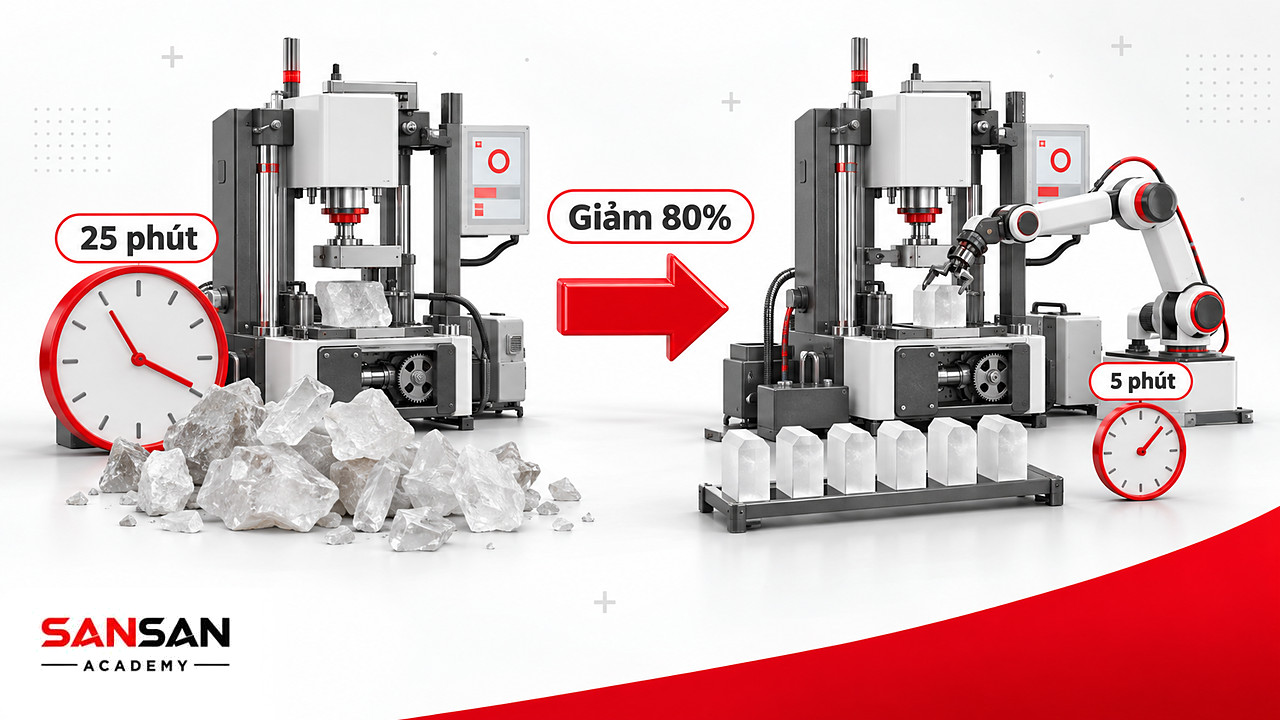 Trước và sau khi tự động hóa công đoạn tạo hình thạch anh, thời gian chu kỳ giảm từ 25 phút xuống 5 phút