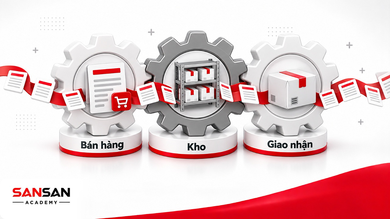 Bánh răng bán hàng, kho và giao nhận ăn khớp nhau trong quy trình đơn hàng theo tư duy hệ thống