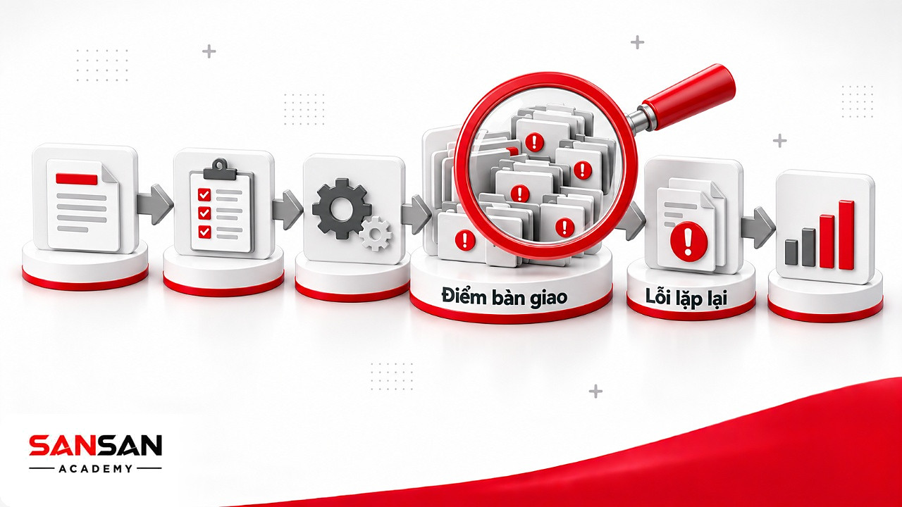 Kính lúp soi điểm bàn giao nơi lỗi lặp lại trong quy trình theo tư duy hệ thống