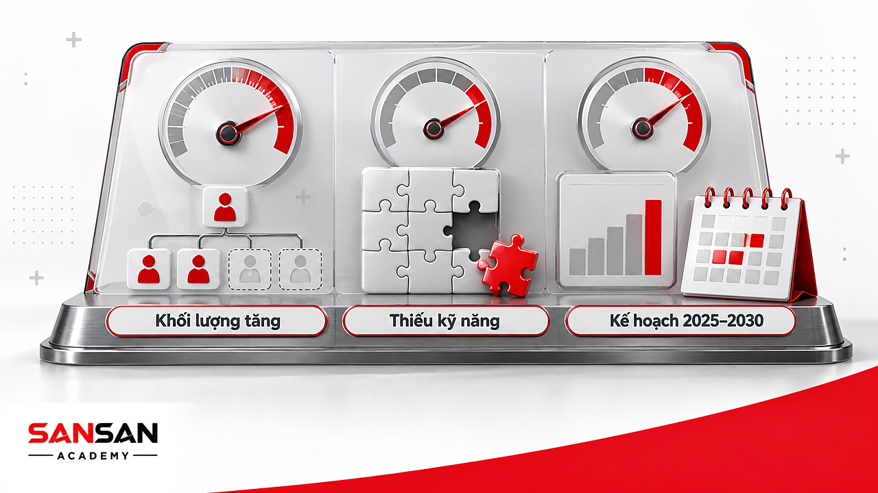 Bảng đo nhu cầu tuyển dụng gồm khối lượng công việc tăng, vị trí còn trống, thiếu kỹ năng và biểu đồ 70%.