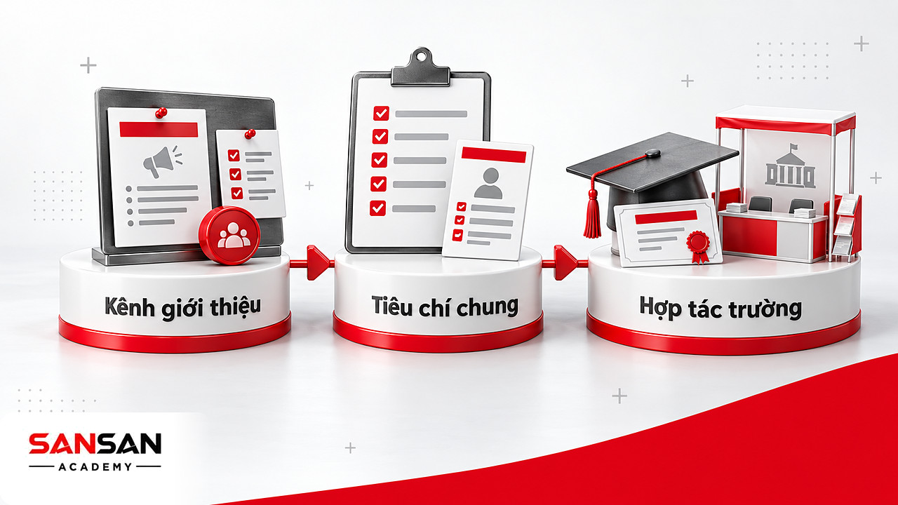 Ba bệ tuyển dụng qua giới thiệu ứng viên, tiêu chí đánh giá chung và hợp tác với trường học, ngày hội việc làm.