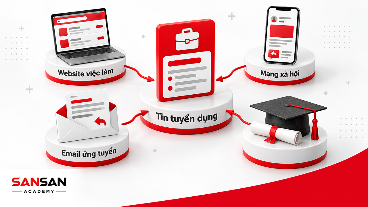 Tin tuyển dụng ở trung tâm nối tới website việc làm, mạng xã hội, email và trường học để tiếp cận ứng viên.