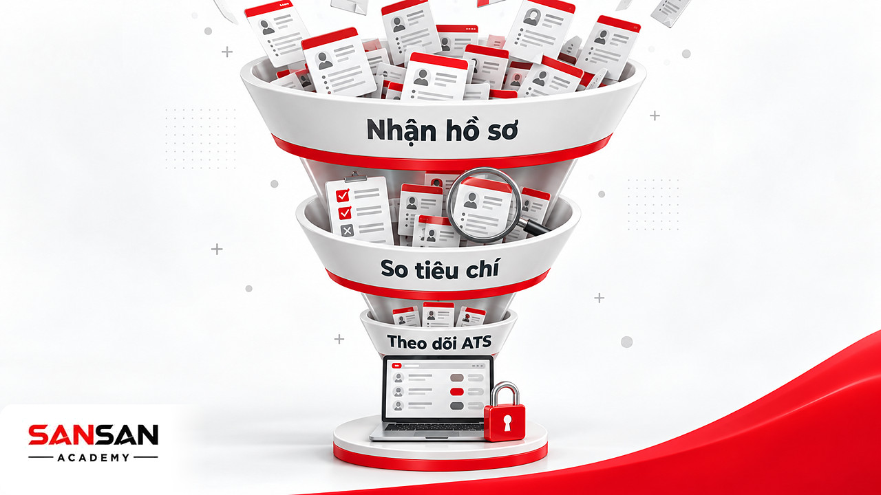 Phễu sàng lọc hồ sơ tuyển dụng: nhận CV, đối chiếu tiêu chí, theo dõi trạng thái trên ATS và khóa quyền truy cập.