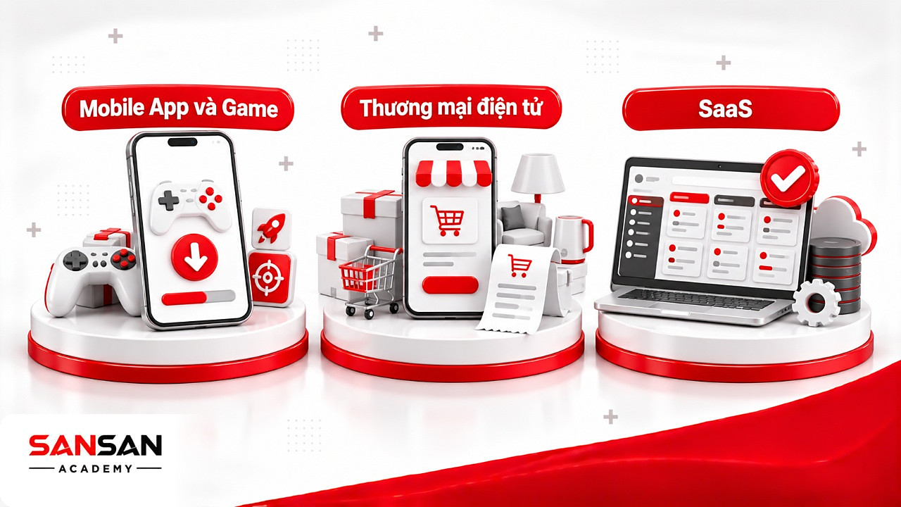 Ba bệ đặt cạnh nhau cho Game, thương mại điện tử và SaaS, mỗi mô hình một mục tiêu UA Marketing riêng