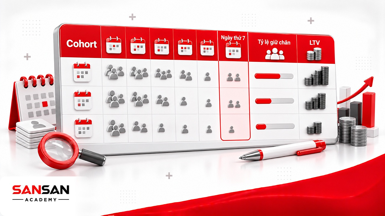 Bảng Cohort theo ngày với cột ngày thứ 7 khoanh đỏ và cột giá trị LTV, đo chất lượng UA Marketing