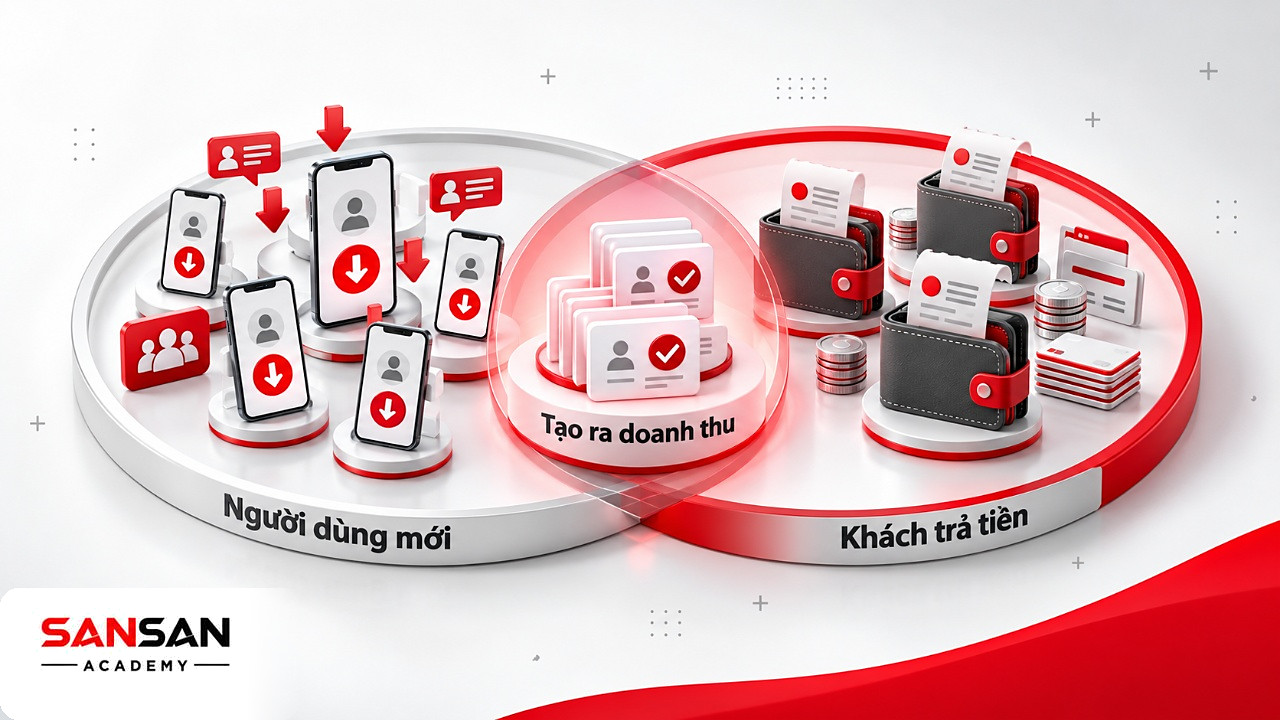Hai vòng giao nhau giữa người dùng mới và khách trả tiền, giúp hiểu đúng khái niệm UA Marketing