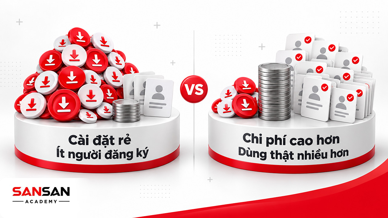 So sánh kênh cài đặt rẻ nhưng ít đăng ký với kênh đắt hơn nhưng dùng thật nhiều hơn trong UA Marketing