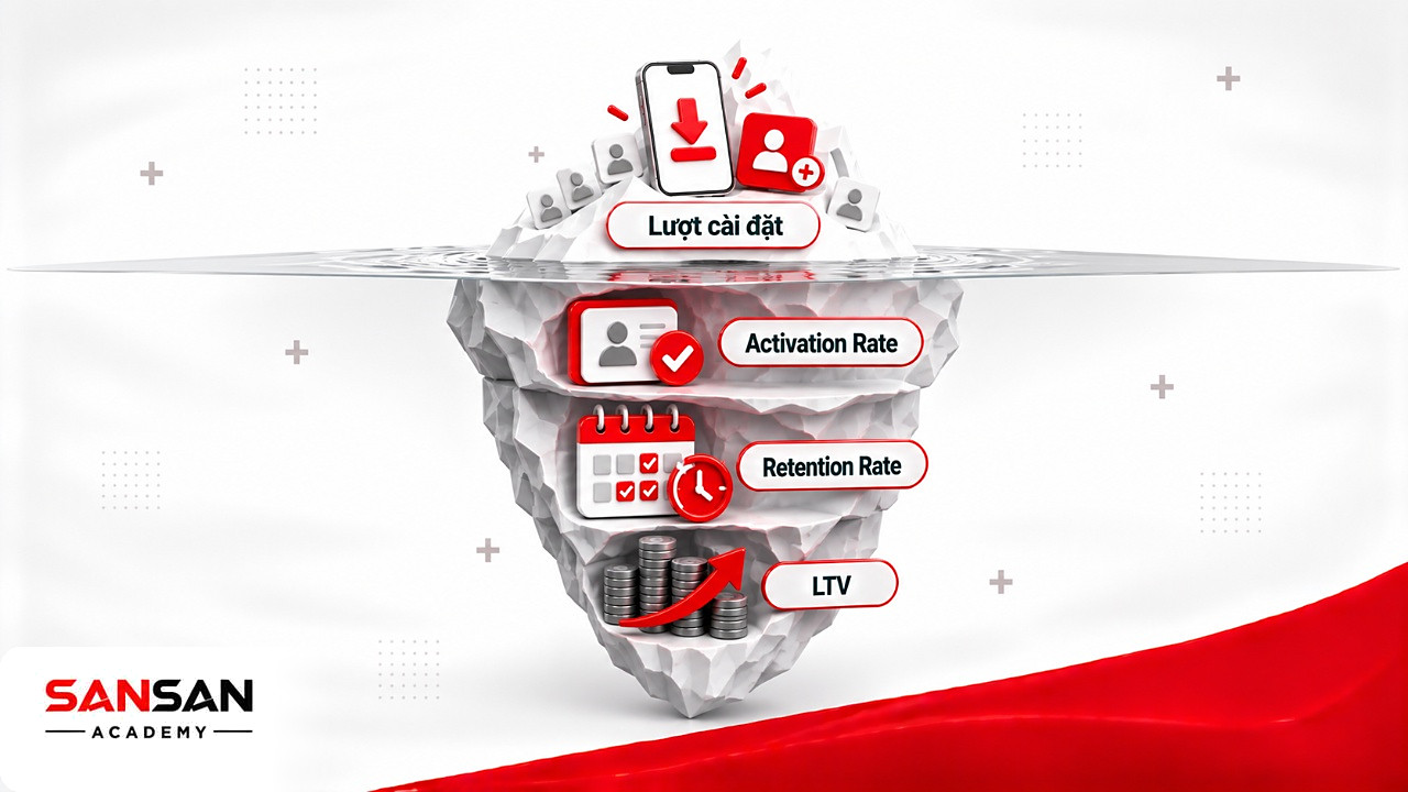 Tảng băng chìm: lượt cài đặt nổi trên, kích hoạt, giữ chân và LTV chìm dưới, sai lầm khi làm UA Marketing