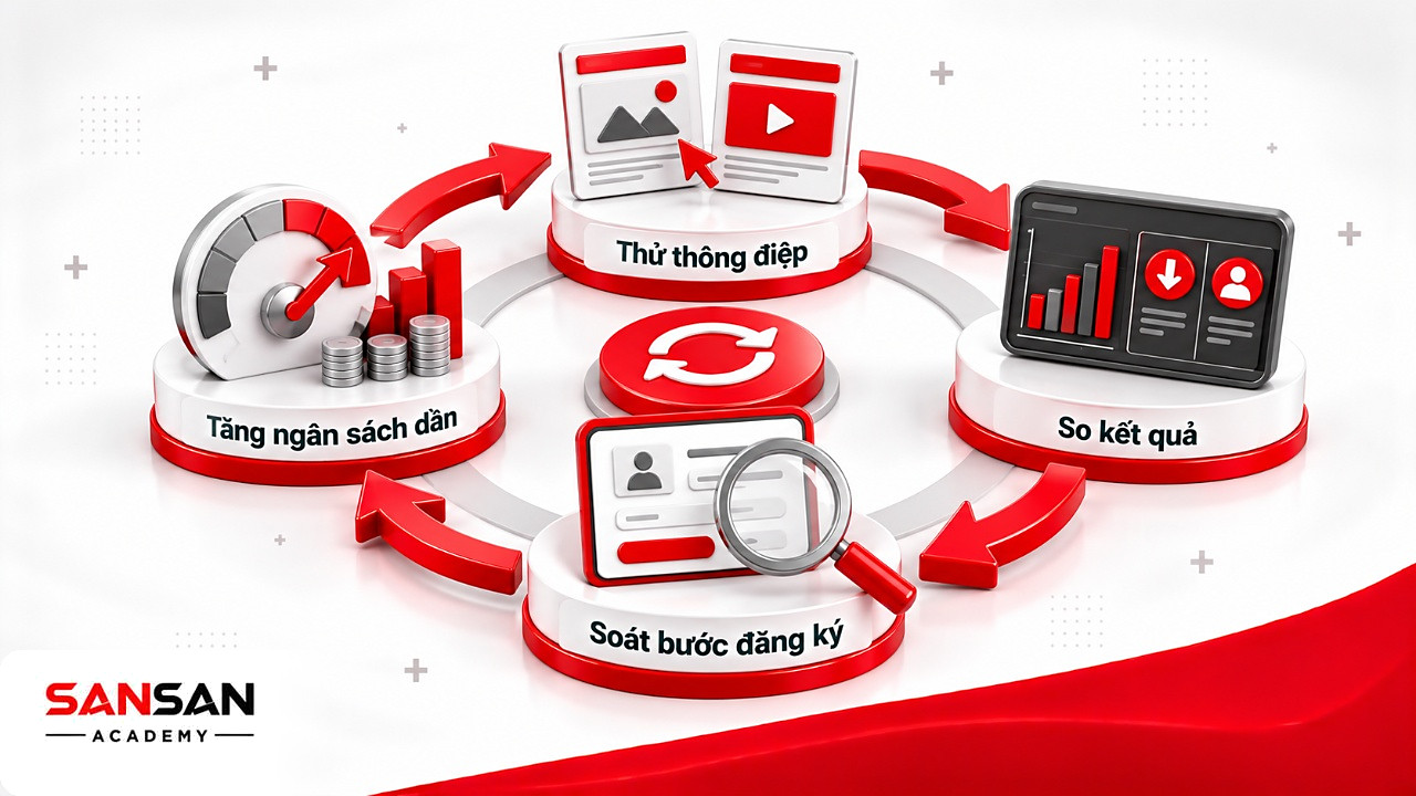 Vòng thử thông điệp, so CPI với kích hoạt, soát đăng ký rồi tăng ngân sách dần trong chiến dịch UA Marketing