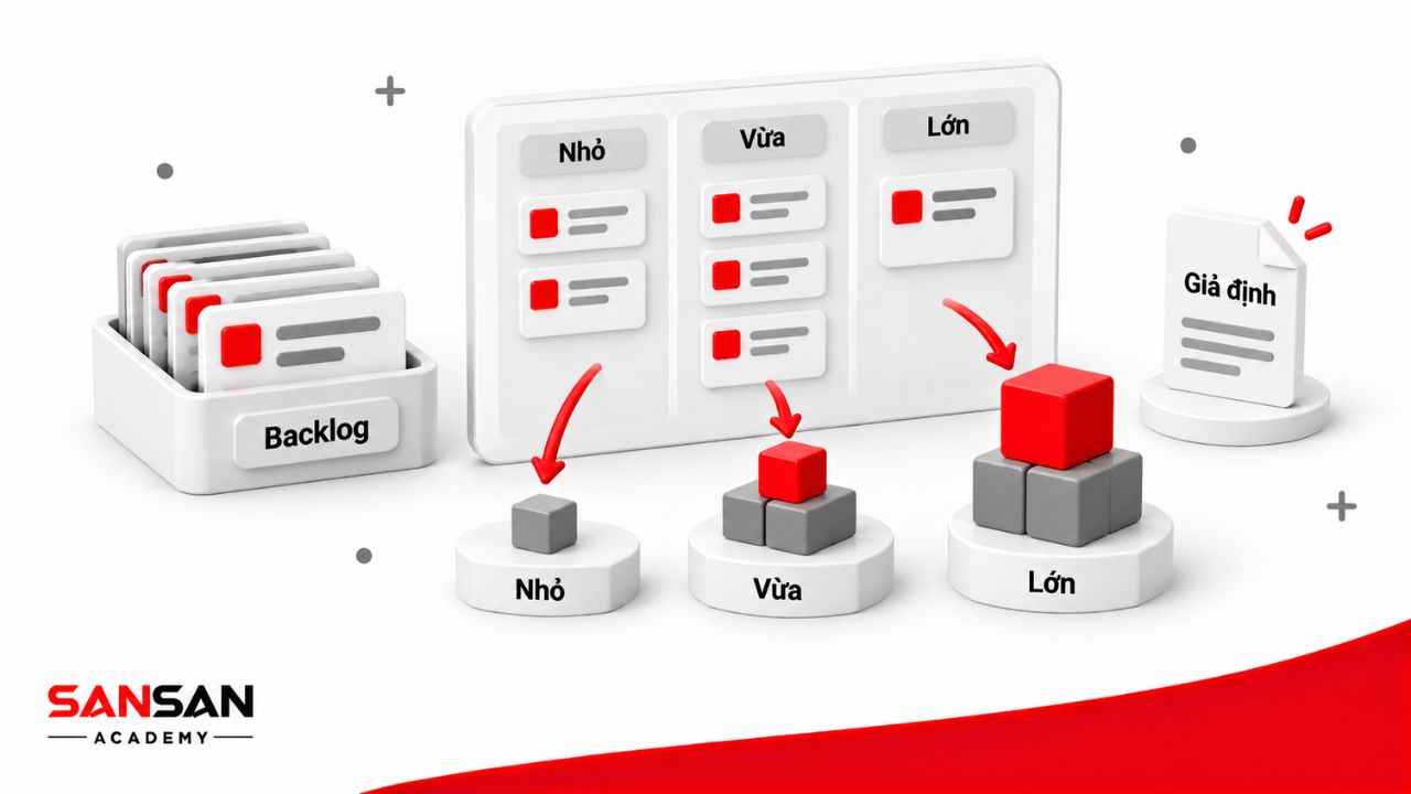 Các thẻ công việc được phân nhóm theo công sức nhỏ, vừa và lớn