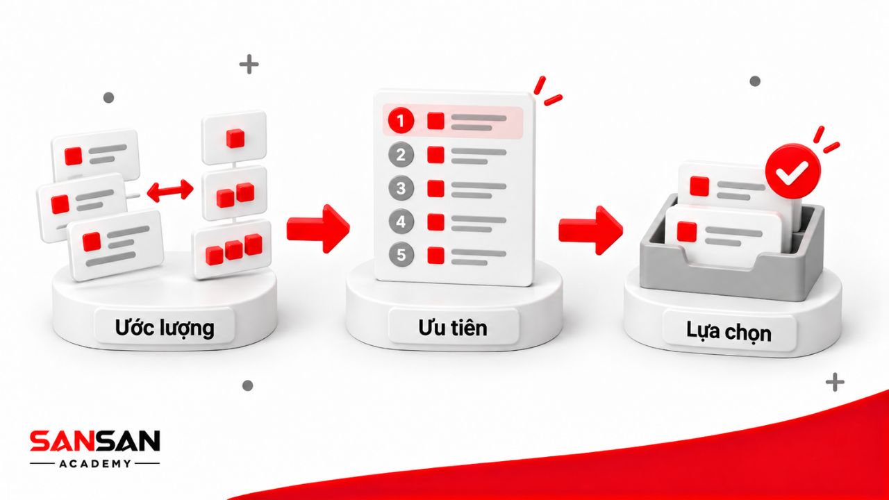 Các công việc được ước lượng, ưu tiên rồi lựa chọn để thực hiện.