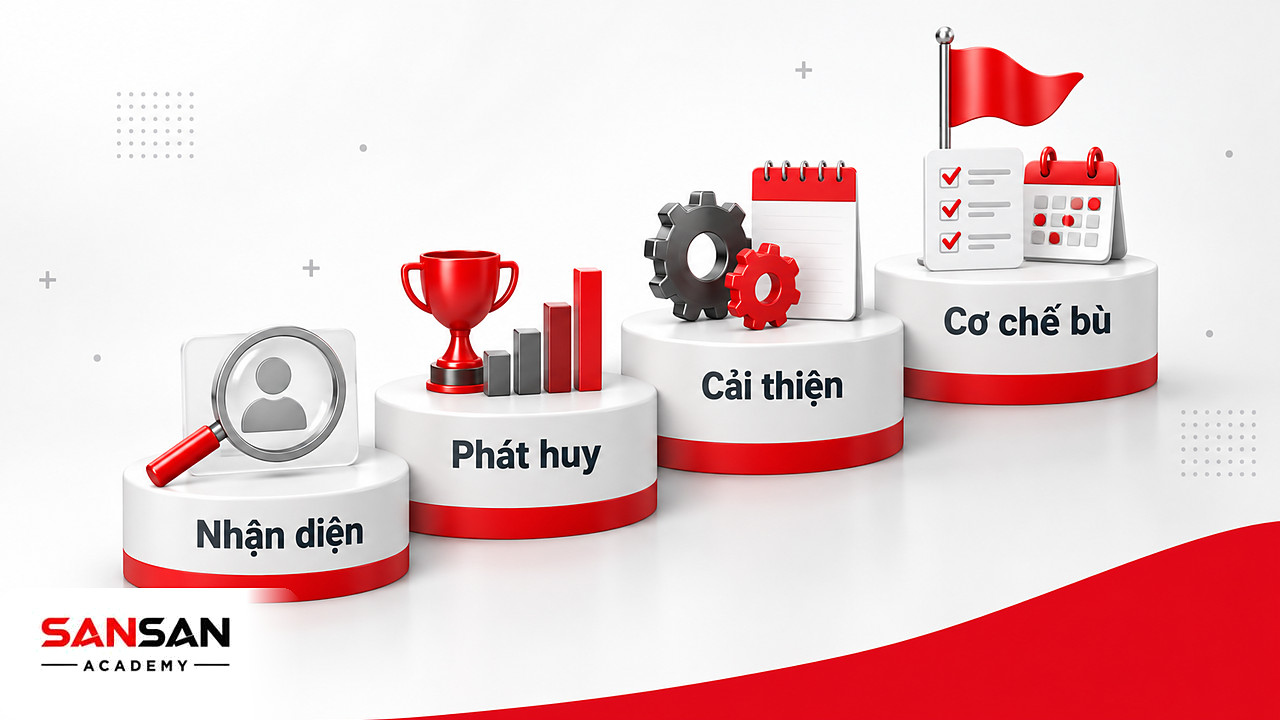 Bậc thang bốn nấc với kính lúp, cúp đỏ, bánh răng và lá cờ, lộ trình xử lý ưu điểm và nhược điểm sau khi nhận diện