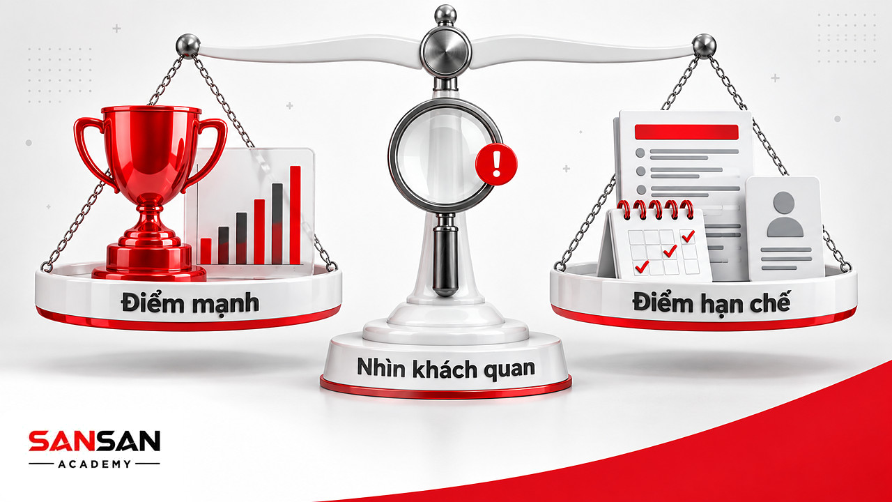 Cán cân trắng đặt cúp đỏ một bên, dàn ý chuẩn bị một bên, thể hiện nhận thức đúng về ưu điểm và nhược điểm