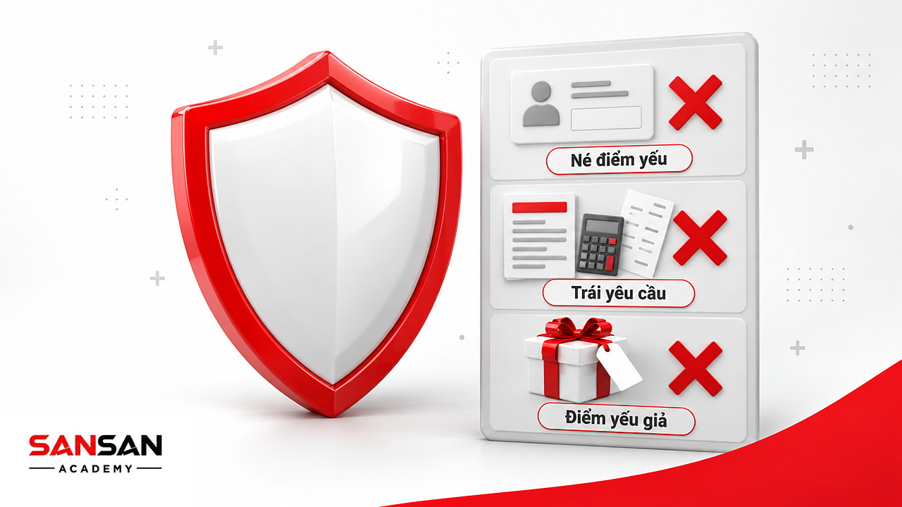 Khiên trắng viền đỏ cạnh danh sách ba câu trả lời bị gạch khi nói về ưu điểm và nhược điểm lúc phỏng vấn