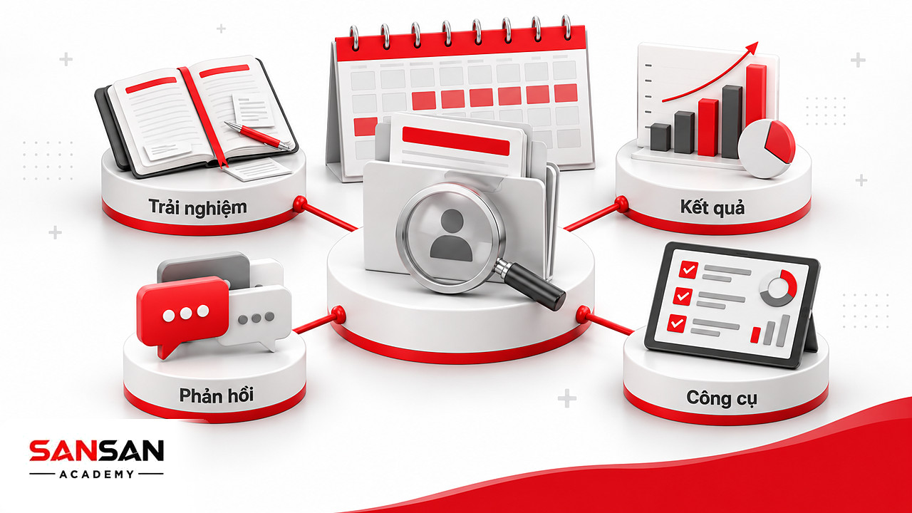 Hồ sơ cá nhân ở tâm nối với nhật ký, biểu đồ, thẻ phản hồi và bài đánh giá để xác định ưu điểm và nhược điểm