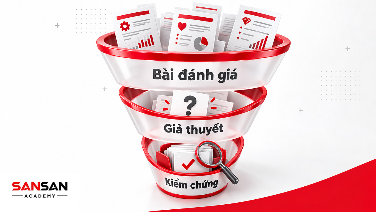 Phễu ba tầng gom phiếu đánh giá thành thẻ giả thuyết rồi kiểm chứng bằng kính lúp khi tìm ưu điểm và nhược điểm