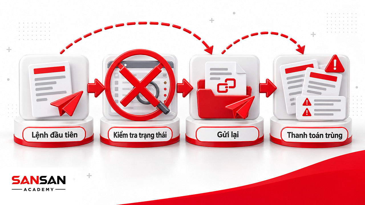 Chuỗi bước gửi ủy nhiệm chi bỏ qua kiểm tra trạng thái nên lệnh gửi lại tạo hai khoản thanh toán trùng