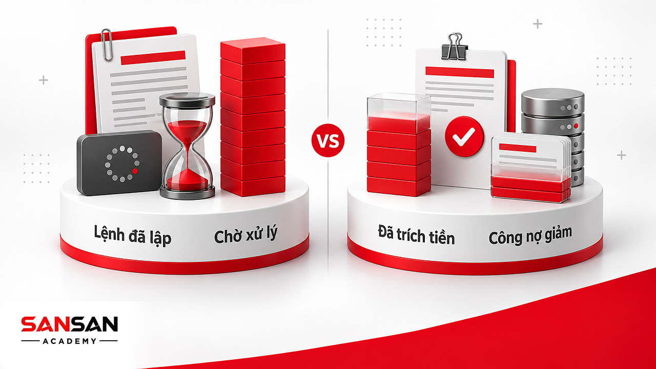 So sánh ủy nhiệm chi mới lập đang chờ xử lý với giao dịch đã trích tiền có báo nợ và công nợ giảm
