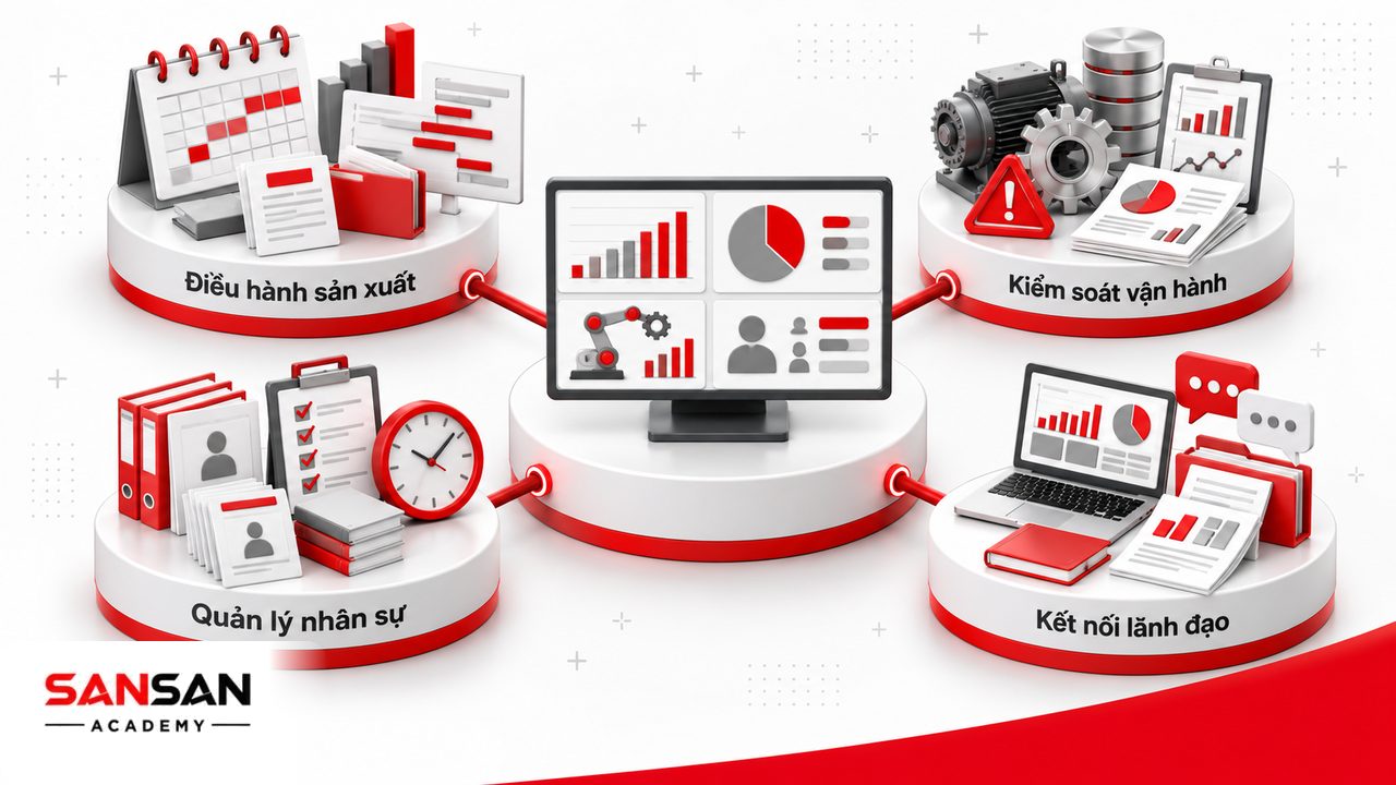 Vai trò quản đốc gồm điều hành sản xuất, quản lý nhân sự, kiểm soát tiến độ chất lượng và kết nối phân xưởng với lãnh đạo.