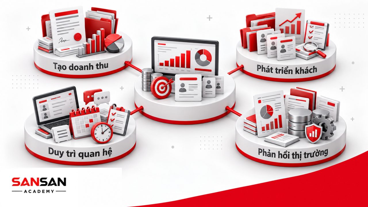 Vai trò chuyên viên kinh doanh gồm tạo doanh thu, phát triển khách hàng, duy trì quan hệ và cung cấp thông tin thị trường.