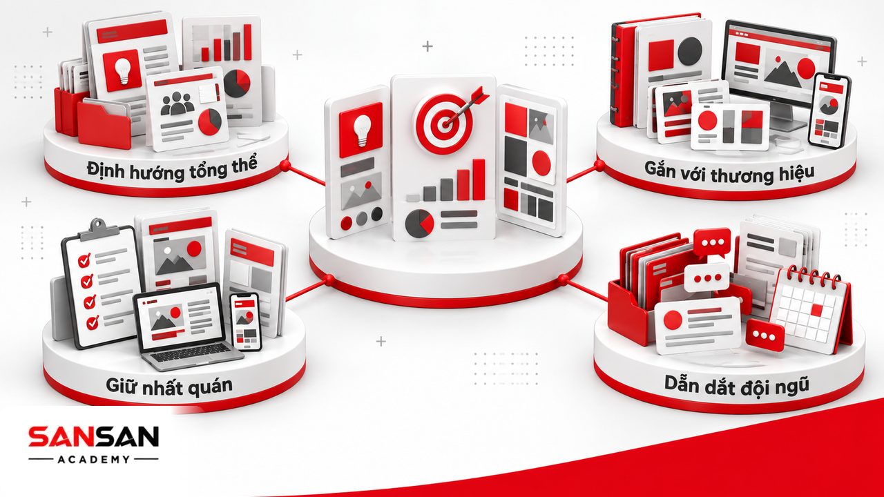 Vai trò Creative Director gồm định hướng sáng tạo, kết nối chiến lược thương hiệu, giữ tính nhất quán và nâng chất lượng đội Creative.