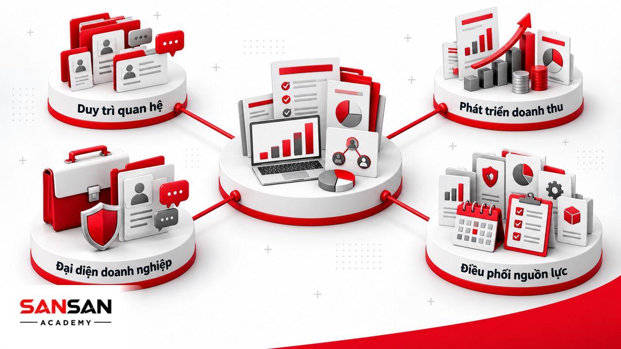 Vai trò Key Account Manager gồm duy trì quan hệ khách hàng lớn, phát triển doanh thu và điều phối nguồn lực nội bộ.