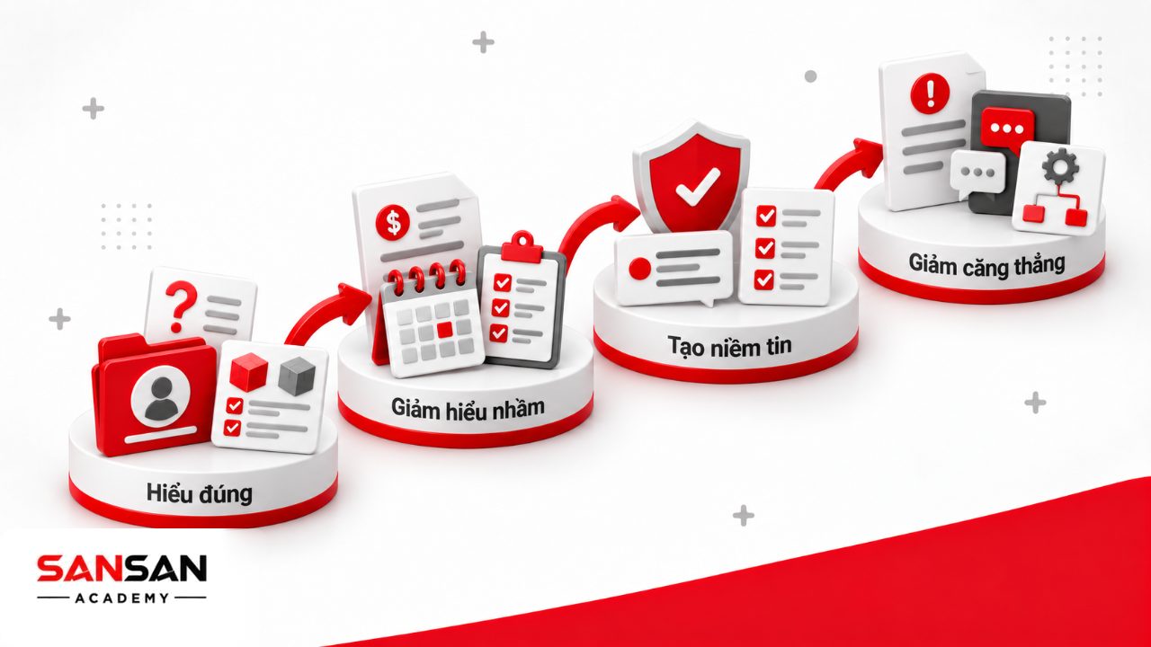 Kỹ năng giao tiếp với khách hàng giúp hiểu nhu cầu, hạn chế hiểu nhầm, xây dựng niềm tin và giảm căng thẳng khi xử lý phản ánh.