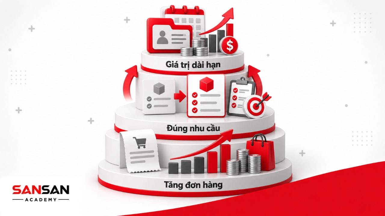 Minh họa lợi ích của upsell gồm tăng giá trị đơn hàng, giúp chọn đúng phiên bản và hỗ trợ giá trị khách hàng dài hạn.
