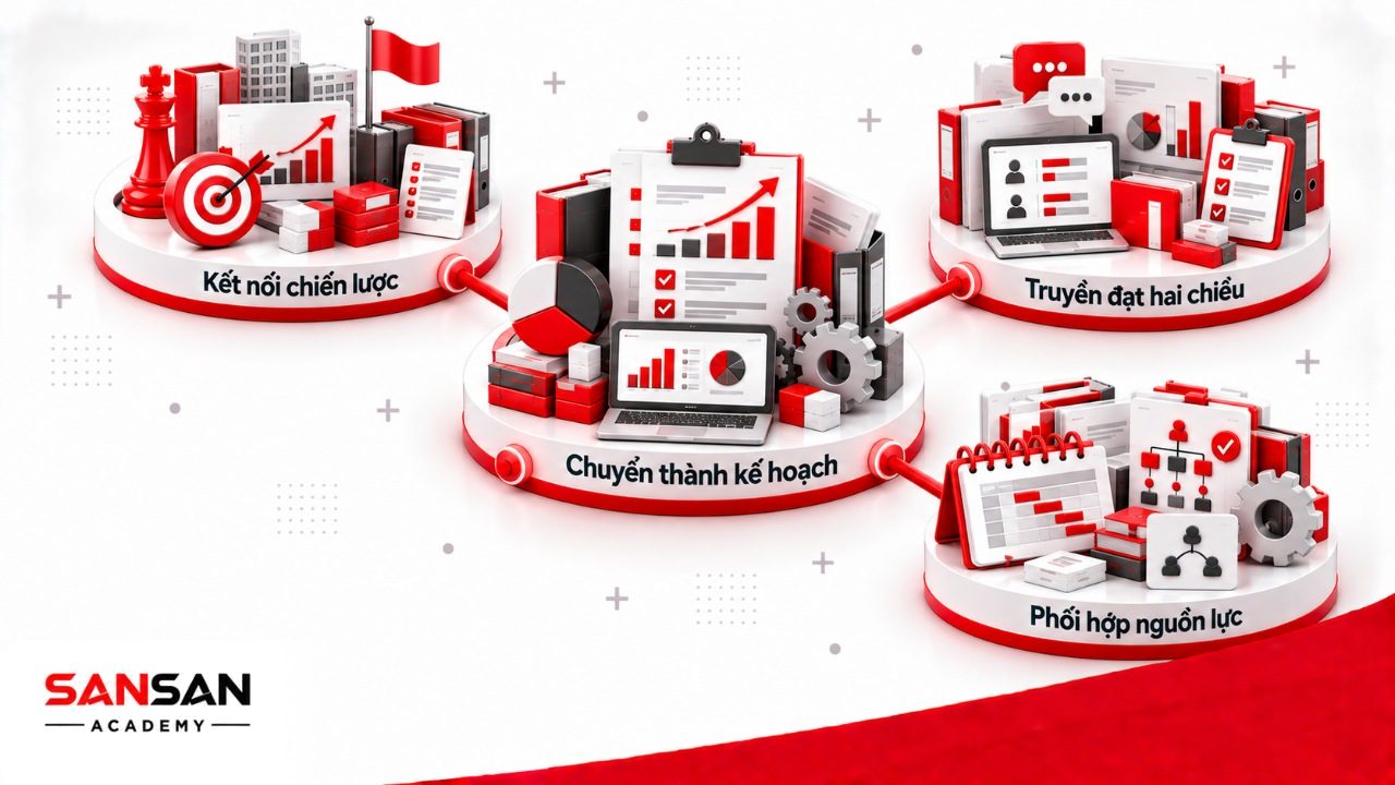 Quản lý cấp trung trong hệ thống quản trị kết nối chiến lược, kế hoạch bộ phận, thông tin hai chiều và phối hợp nguồn lực liên phòng ban.
