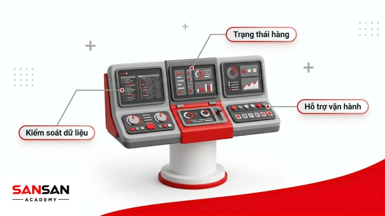 Bảng điều khiển 3D matte mô tả các vai trò kiểm soát của thủ kho.
