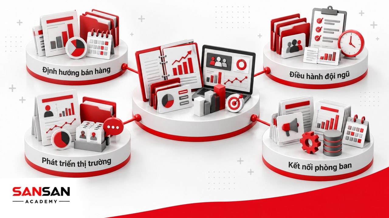Vai trò trưởng phòng kinh doanh gồm xây định hướng, quản lý đội ngũ, phát triển khách hàng và phối hợp các phòng ban.