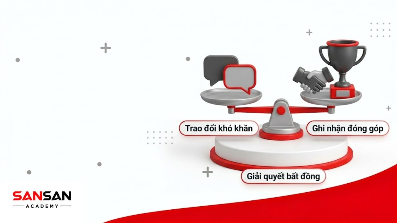 Cán cân 3D thể hiện sự cân bằng trong văn hóa hợp tác và gắn kết.
