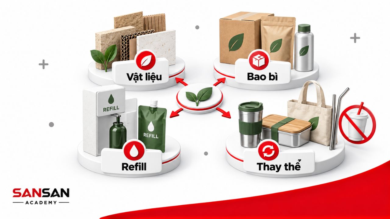 Vật liệu, bao bì, điểm nạp lại và sản phẩm tái sử dụng.