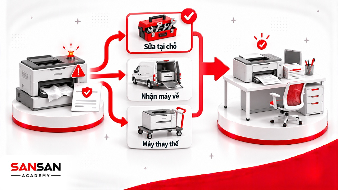 Ba phương án bảo hành máy in của vendor: sửa tại chỗ, nhận máy về hoặc cấp máy thay thế