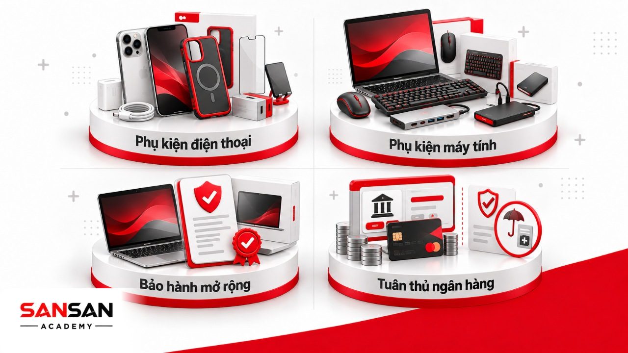 Ví dụ Cross Selling trong công nghệ với phụ kiện điện thoại máy tính, bảo hành mở rộng và nguyên tắc bán chéo đúng quy định trong ngân hàng.