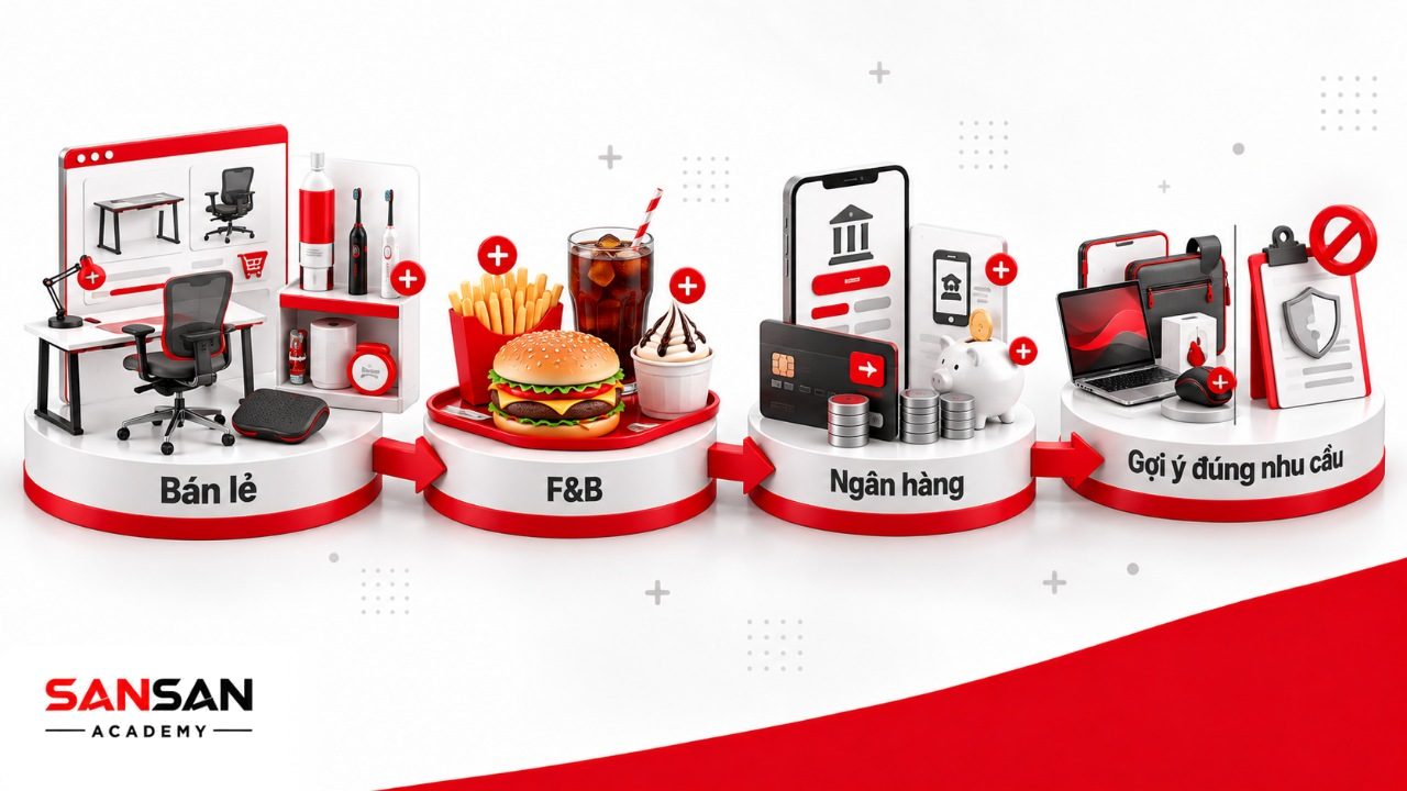 Ví dụ Cross Selling trong bán lẻ, thương mại điện tử, F&B và ngân hàng với các sản phẩm mua kèm phù hợp bối cảnh sử dụng.