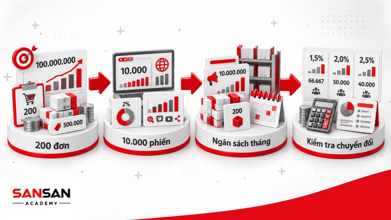 Ví dụ kế hoạch bán hàng một tháng với mục tiêu 100 triệu đồng, 200 đơn, 10.000 phiên truy cập, ngân sách và năng lực giao hàng.