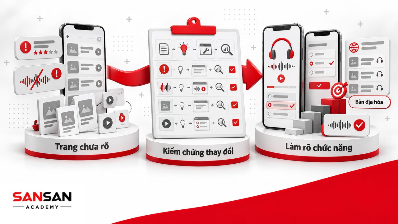 Ví dụ tối ưu ASO cho ứng dụng học tiếng Anh bằng cách làm rõ chức năng, bản địa hóa nội dung, xử lý lỗi và thử nghiệm thay đổi.