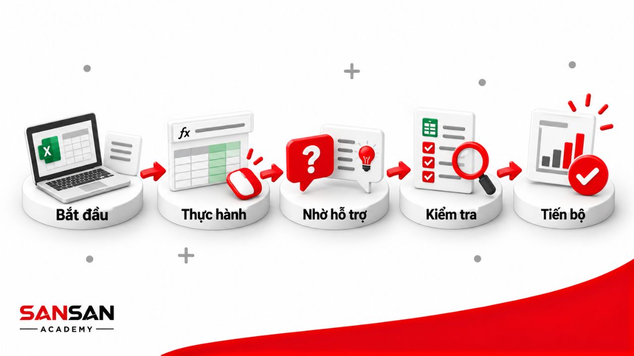 Quá trình học bảng tính qua thực hành, hỗ trợ và kiểm tra