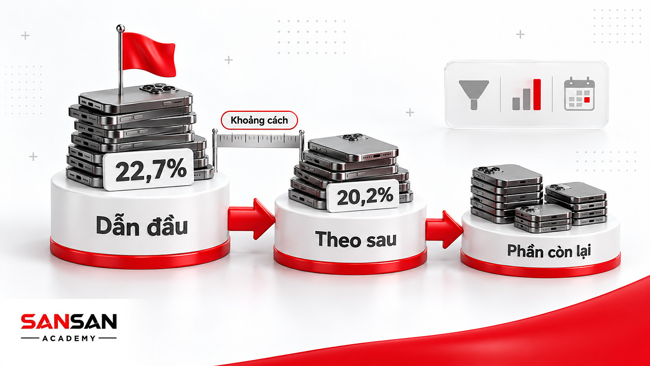 Ba bệ xếp hạng thị phần điện thoại thông minh với mức 22,7% và 20,2%, kèm thước đo khoảng cách giữa hai vị trí đầu.