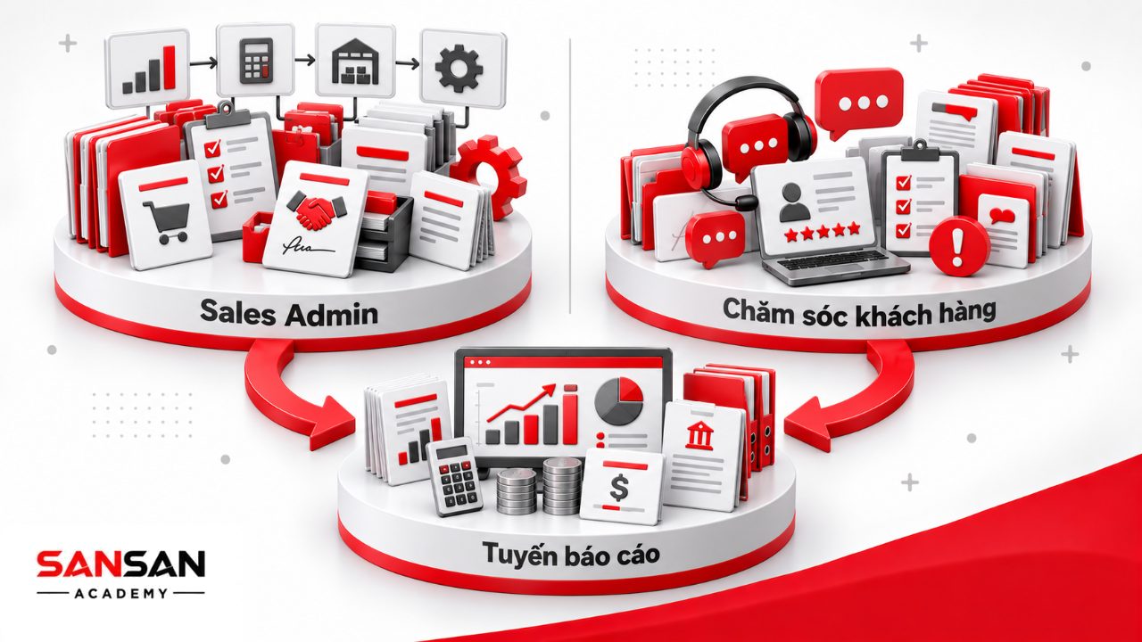 Các vị trí phòng kinh doanh về Sales Admin, chăm sóc khách hàng và quan hệ báo cáo giữa trưởng phòng với giám đốc kinh doanh.