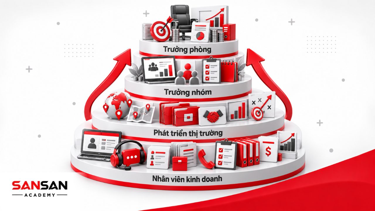 Các vị trí phòng kinh doanh gồm nhân viên sales, telesales, phát triển thị trường, trưởng nhóm, phó phòng và trưởng phòng kinh doanh.