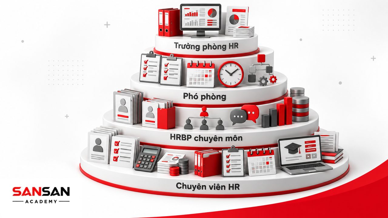 Các vị trí trong phòng nhân sự từ chuyên viên tuyển dụng, C&B, HRBP, L&D đến phó phòng và trưởng phòng nhân sự.