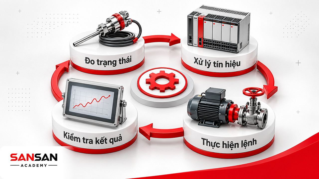 Vòng chu trình của hệ thống tự động hóa đi từ cảm biến đo, bộ điều khiển xử lý, cơ cấu chấp hành đến phản hồi